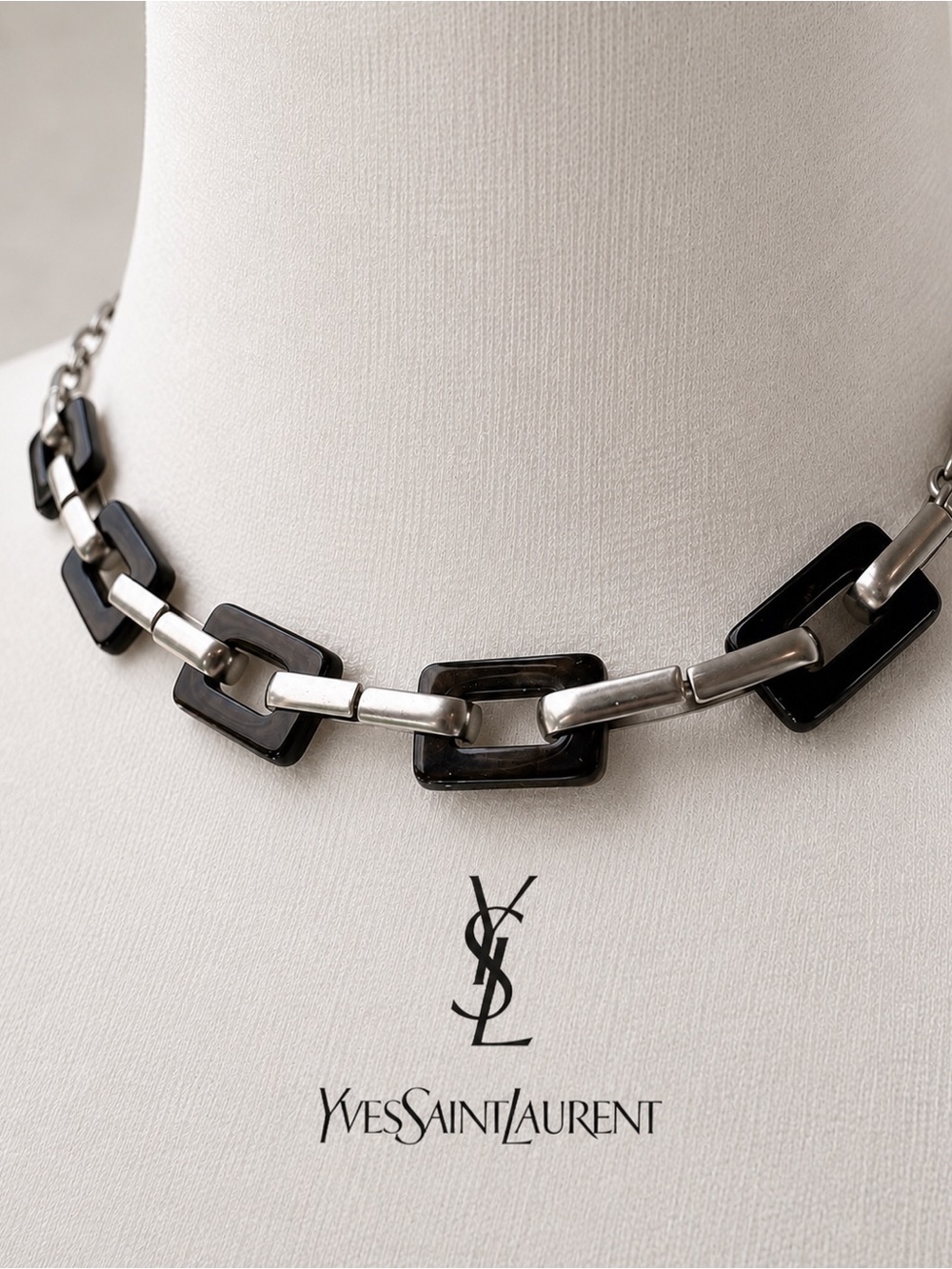 VTG NWT YSL Yves Saint Laurent Smoked Resin and Gunmetal Link Necklace Signed